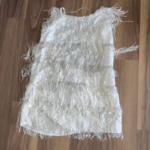 Fringe Sequin Tie Neck White Dress